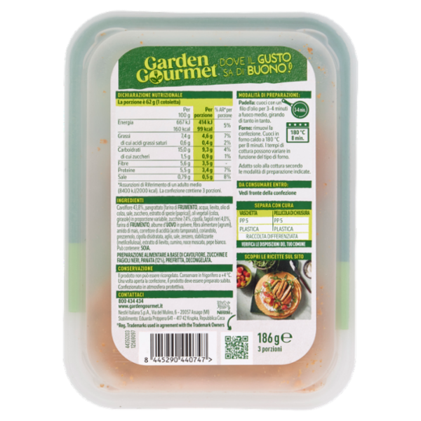 GARDEN GOURMET Cotolette Vegetariane 99kcal con Cavolfiore, Zucchine e Fagioli Neri 3 pezzi 186g