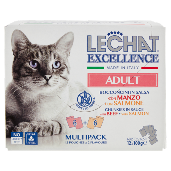 LeChat Excellence Adult Bocconcini in Salsa con Manzo, con Salmone 12 x 100 g