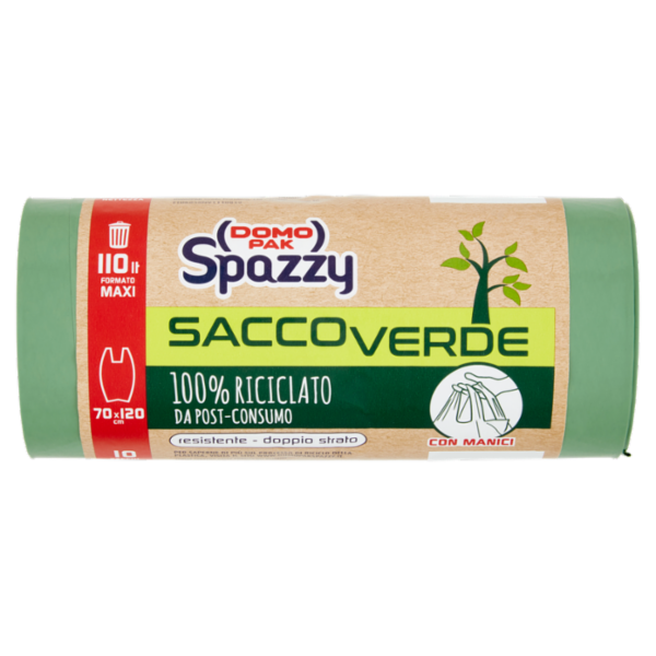 Domopak Spazzy Sacco Verde 100% Riciclato da Post-Consumo con Manici 110 lt 70x120 cm 10 pz
