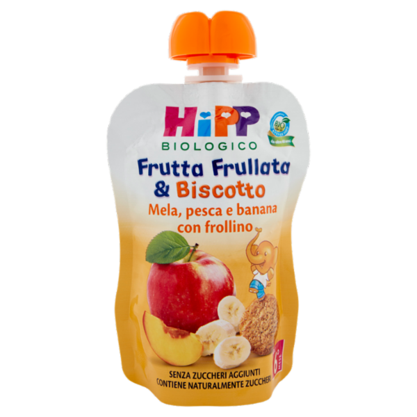 HiPP Biologico Frutta Frullata & Biscotto Mela, pesca e banana con frollino 90 g