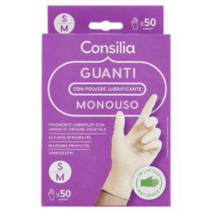 Consilia Guanti Monouso In Lattice Naturale Con Polvere Lubrificante Taglia S/M 50pz