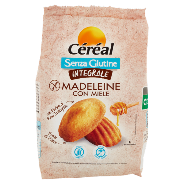 Céréal Senza Glutine Madeleine con Miele, Farina di Riso integrale, 6 Merendine senza lattosio, 170g