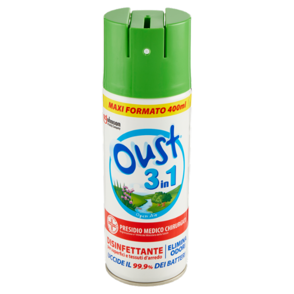 Oust 3 in 1 Spray Disinfettante per Superfici e Tessuti d'Arredo, Fragranza Open Air, 400ml