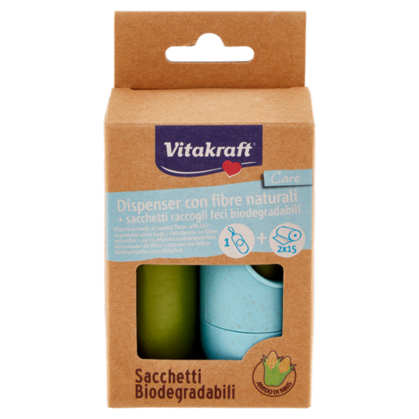 Vitakraft Care Dispenser con fibre naturali + sacchetti raccogli feci biodegradabili 2 x 15 pz