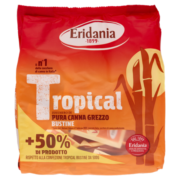 Eridania Tropical Zucchero di Pura Canna Grezzo Bustine 750 g
