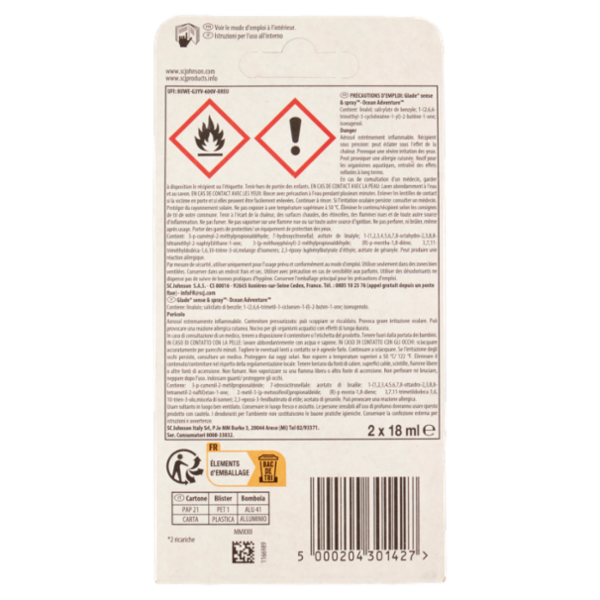 Glade Sense&Spray Doppia Ricarica, Profumatore Ambienti con Sensore Fragranza Ocean Adventure 2x18ml