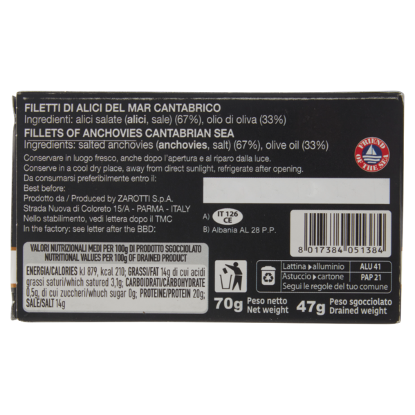 Zarotti Qualità Oro Filetti di Alici del Cantabrico in Olio di Oliva 70 g