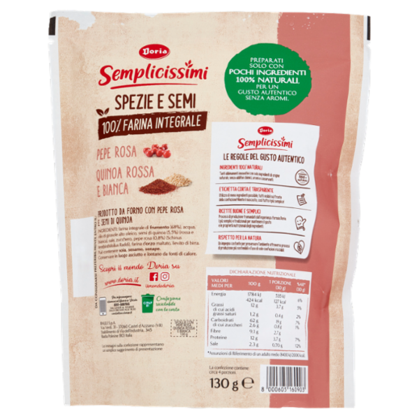 Doria Semplicissimi Spezie e Semi Sfoglie con Pepe Rosa, Quinoa Rossa e Bianca 130 g