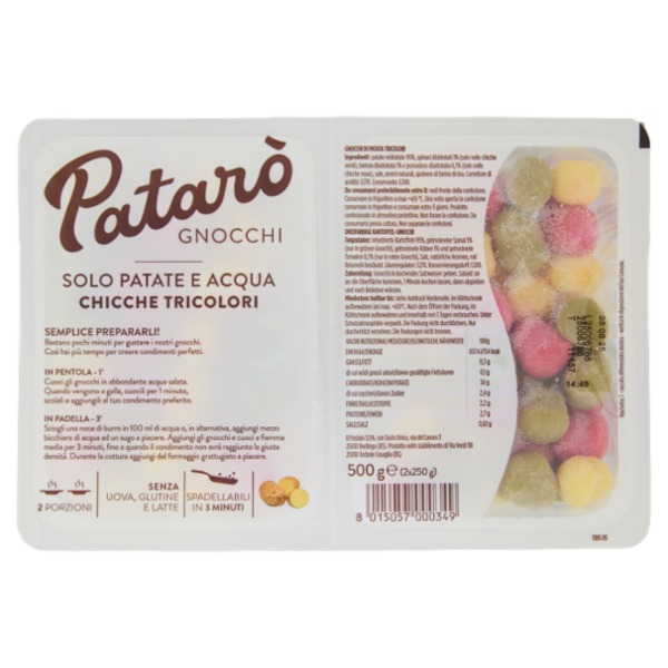Patarò Gnocchi Solo Patate e Acqua Chicche Tricolori 2 x 250 g