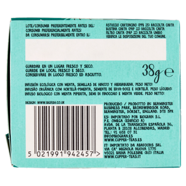 CUPPER After Dinner Mints Infuso Biologico Doppia Menta e Finocchio, Tisana Digestiva 20 Bustine 38g