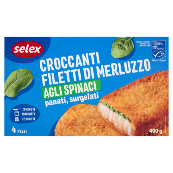 Selex Filetti di Merluzzo agli Spinaci in Croccante Panatura Surgelati 4x100 g