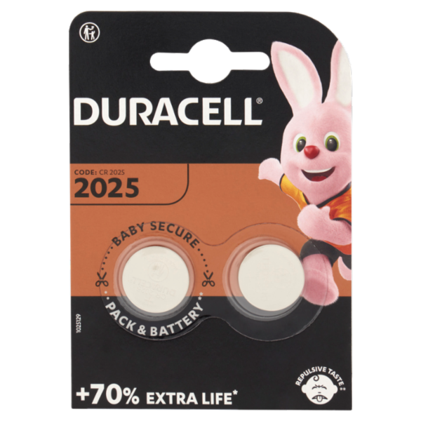 Duracell 2025 Batteria Bottone al Litio Specialistica 3V pacco da 2 pile con Tecnologia Baby Secure
