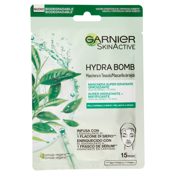 Garnier SkinActive Hydra Bomb Maschera Viso in Tessuto Super Idratante Opacizzante al The Verde