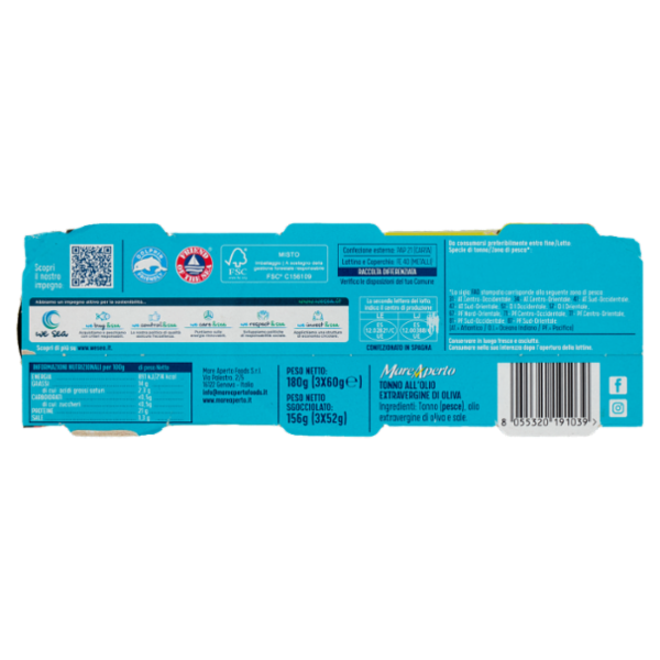 Mare Aperto Tonno Extra Gusto e Solo un Filo di Olio Extravergine di Oliva 3 x 60 g