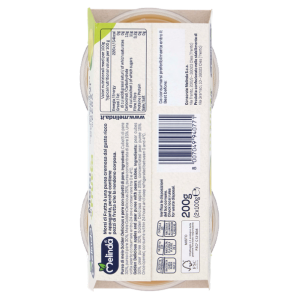 Melinda Morsi di Frutta Mousse di Golden Delicious e Pera con Pezzi di Pera 2 x 100 g