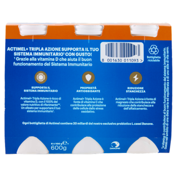 ACTIMEL Tripla Azione, Yogurt da Bere con Vitamine C, D e Magnesio, gusto Frutta mix, 6x100g