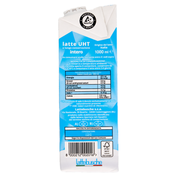 lattebusche Latte Intero a Lunga Conservazione 1000 ml