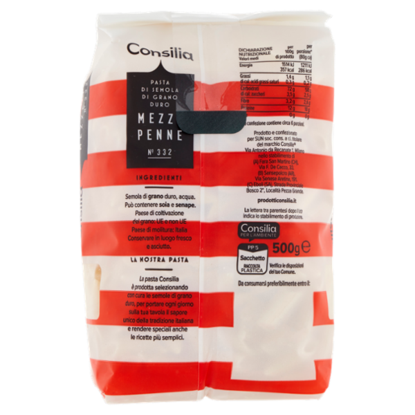 Consilia Pasta di Semola Trafilata al Bronzo Mezze Penne 500 g