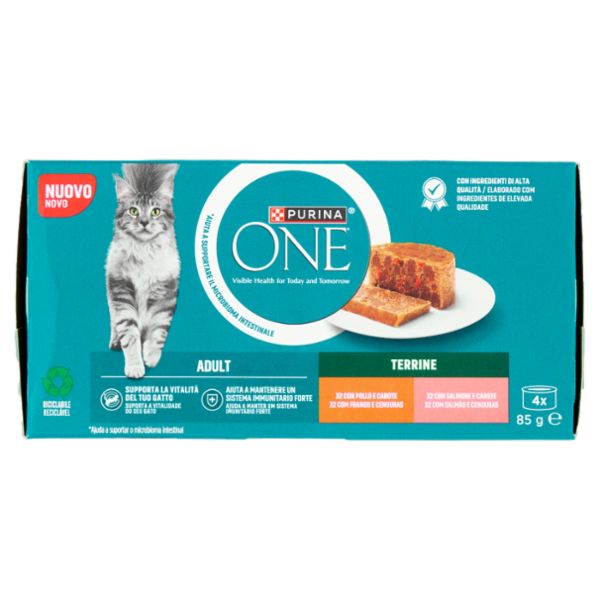 PURINA ONE Adult Terrine Pollo e Carote, Salmone e Carote 4 x 85g
