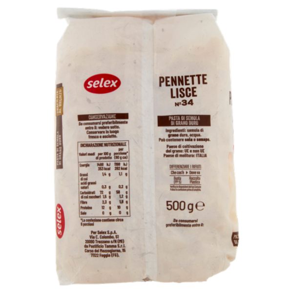 Selex Pasta di Semola Trafilata al Bronzo Pennette Lisce 500 g