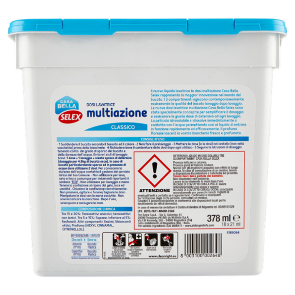 Selex Casa Bella Detersivo per Lavatrice Liquido Concentrato Classico 18 Capsule Idrosolubili 378 ml
