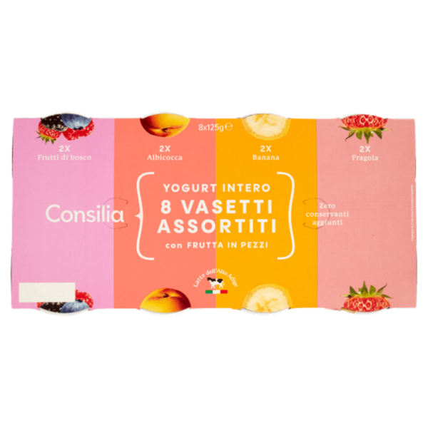 Consilia Yogurt Intero Ai Gusti Assortiti: Frutti di Bosco, Albicocca, Fragola, Banana 8x125 g