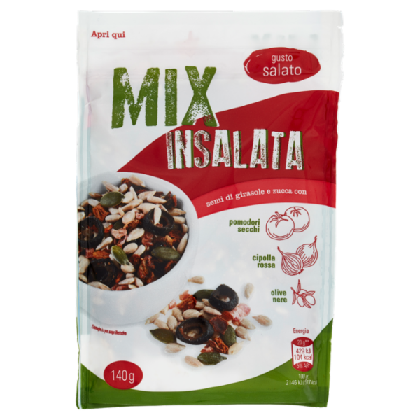 Mix Insalata semi di girasole e zucca con pomodori secchi, cipolla rossa, olive nere 140 g