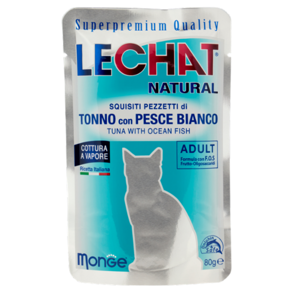 LeChat Natural Squisiti Pezzetti di Tonno con Pesce Bianco 80 g