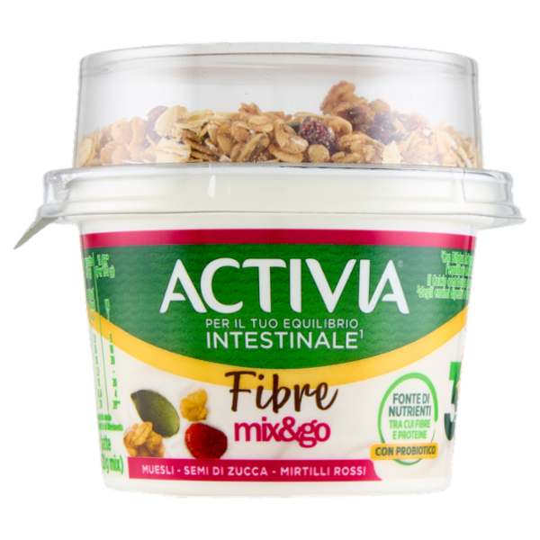 ACTIVIA Fibre Mix&Go con Probiotico Bifidus, Yogurt Bianco con Muesli,Semi Zucca,Mirtilli Rossi,170g