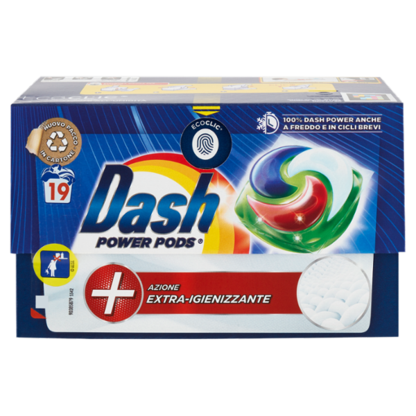 Dash Power Pods Detersivo Lavatrice In Capsule, Azione Extra-Igienizzante, 19 Lavaggi 488,3 g