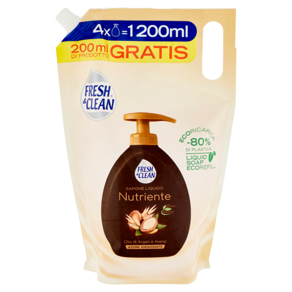Fresh & Clean Crema Sapone Mani e Viso Nutriente Idratante Olio di Argan e Avena ecoRicarica 1200 ml