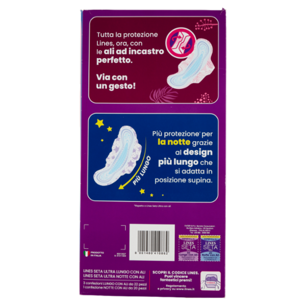 Lines Seta ultra Assorbenti lunghi con ali 66 pz + Assorbenti notte con ali 20 pz