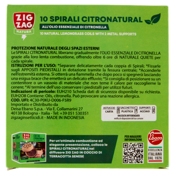 Zig Zag Natura Spirali Citronatural all'Olio Essenziale di Citronella 10 Spirali + 2 Piedistalli