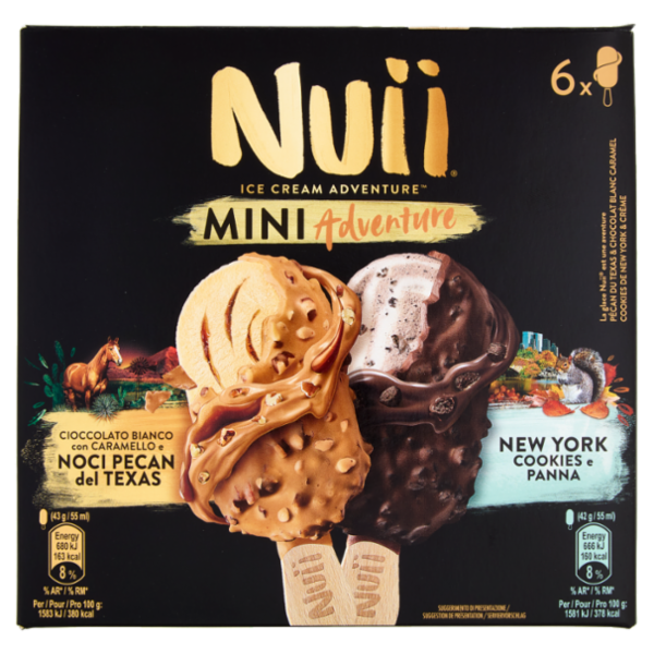 NUII Mini Adventure Ciocc.Bianco-Caramello-Noci Pecan del Texas,New York Cookies-Panna 6 Gelati 255g