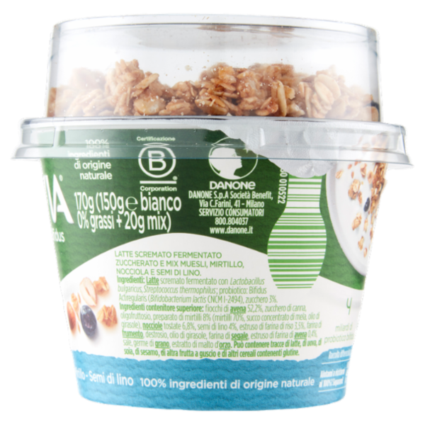 ACTIVIA Mix&Go con Probiotico Bifidus, 0% Grassi, Yogurt con Muesli, Nocciola, Mirtillo, Semi 170g