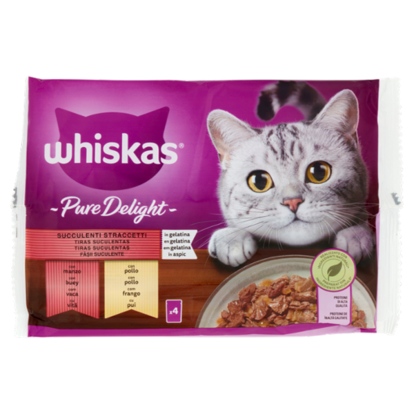 Whiskas Pure Delight Cibo Umido Gatto Succulenti Straccetti in Gelatina con Manzo e Pollo 4 x 85 g