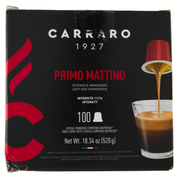 Carraro Primo Mattino Capsule Monodose Compatibili Nespresso* 100 x 5,2 g
