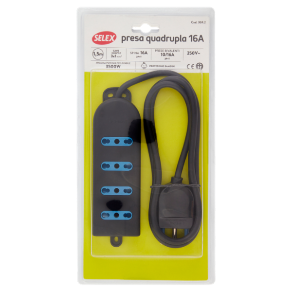 Selex Presa Multipla 4 Uscite 10/16A(Ita) + Spina 16A e Cavo Nero 1,5m