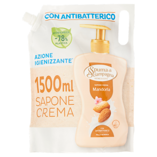 Spuma di Sciampagna Benessere Sapone Crema Mandorla Ecoricarica 1500 ml