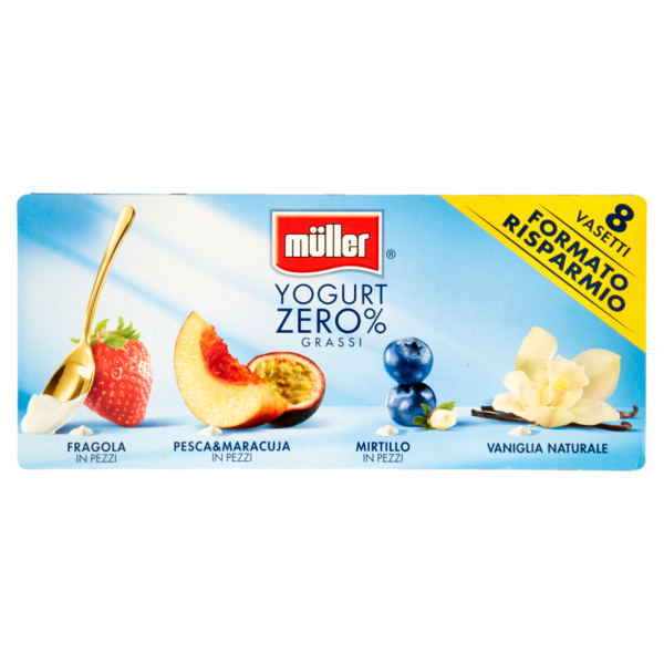 müller Yogurt Zero% Grassi Fragola, Pesca&Maracuja, Mirtillo in Pezzi - Vaniglia Naturale 8 x 125 g
