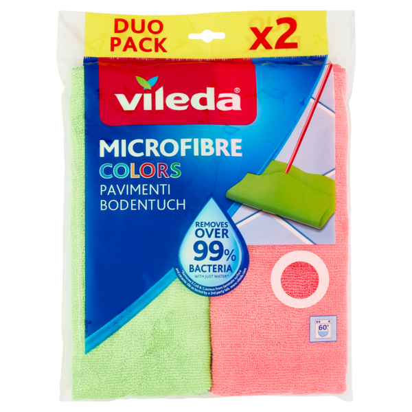 Vileda Microfibre Colors per rimuovere oltre il 99%* dei batteri, anche solo con acqua 50x40 cm 2 pz