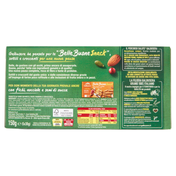 Galbusera BelleBuone Snack sottili e croccanti con mirtilli rossi, mandorle e semi di zucca 5 x 30 g