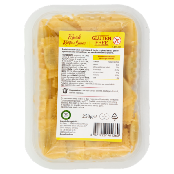 de Angelis Gluten Free Ravioli Ricotta e Spinaci 250 g