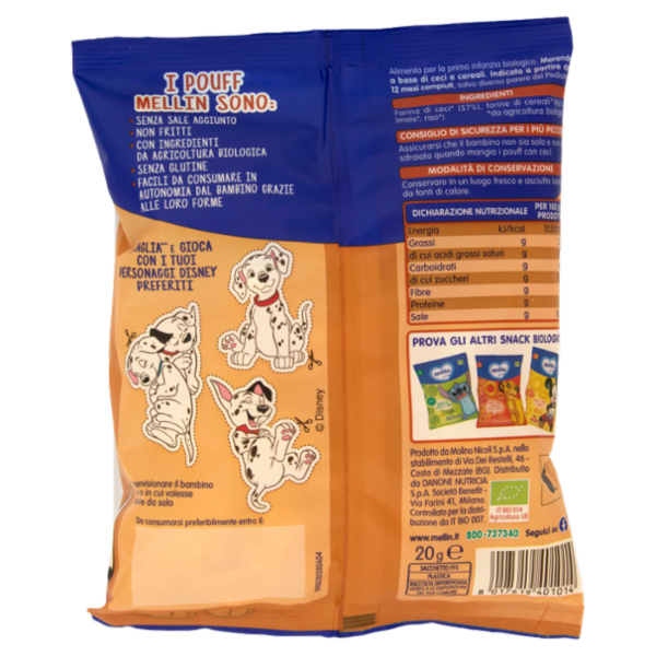 MELLIN Pouff con Ceci, Disney LaCaricaDei101, Snack Biologico, Senza Glutine, adatto dai 12 mesi 20g