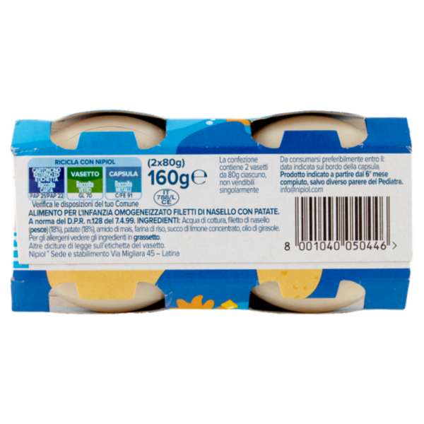 nipiol nasello omogeneizzato con filetti di pesce selezionato e patate 2 x 80 g