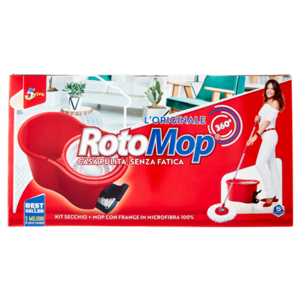 Super5 RotoMop 360° Kit Secchio + Mop con Frange in Microfibra 100%