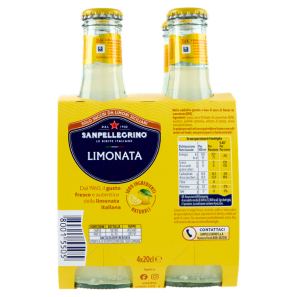 BIBITE SANPELLEGRINO, Bevande Gassate, Naturali, Limonata, Vetro 4x20cl