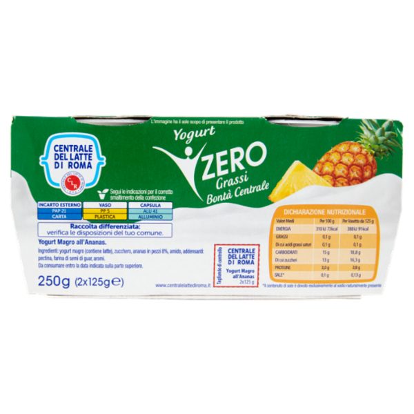 Centrale del Latte di Roma Zero Grassi Ananas Yogurt magro con frutta in pezzi 2 x 125 g
