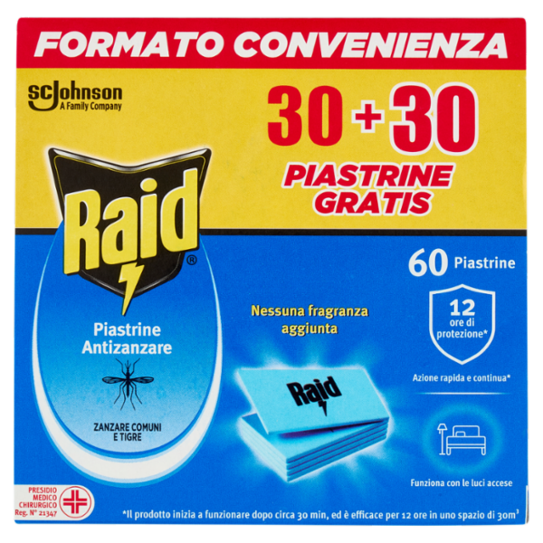 Raid Piastrine Antizanzare Comuni e Tigre, Azione prolungata, Ricarica 60 pezzi