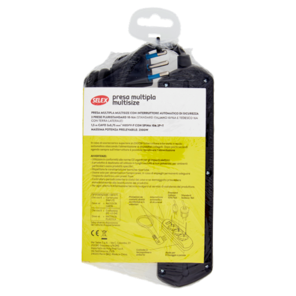 Selex Presa Multipla 3 uscite pluristandard 10/16A Inter.Sicurezza+Cavo 1,5 m Sp. S/Spazio 90° Nero